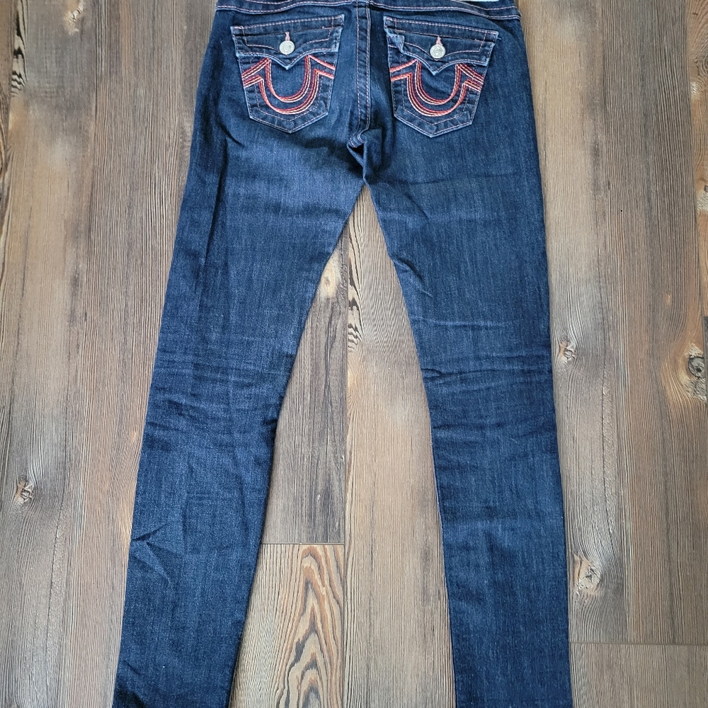 True Religion Dark Blue Skinny Jeans with Red Back Pocket Stitching